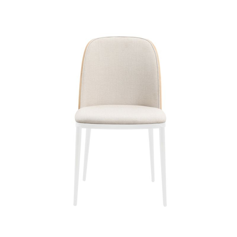 LeisureMod Tule Mid-Century Modern Dining Side Chair with Velvet Seat and White Powder-Coated Steel Frame Natural Wood/Beige Front View.