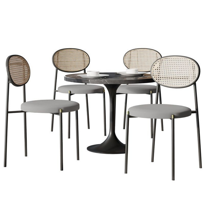 LeisureMod 5-Piece Dining Set with 36" Round Dining Table Black Sintered Stone Top and Black Pedestal with 4 Velvet Dining Chairs in Black Steel Legs in Grey