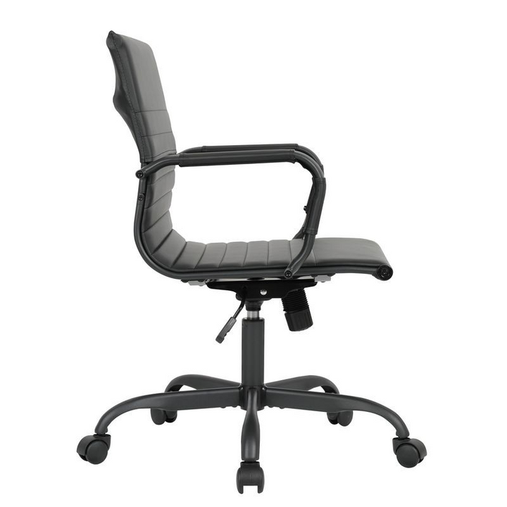 LeisureMod Harris Leather Home Office Chair with Black Frame in Black Side View.
