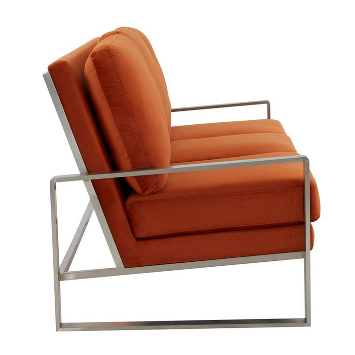 LeisureMod Jefferson Contemporary Modern Design Velvet Sofa with Silver Frame Orange Side View.