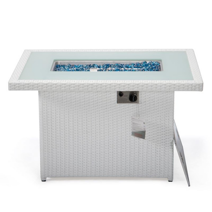 LeisureMod Mace Wicker Patio Modern Propane Fire Pit Table White Photo.