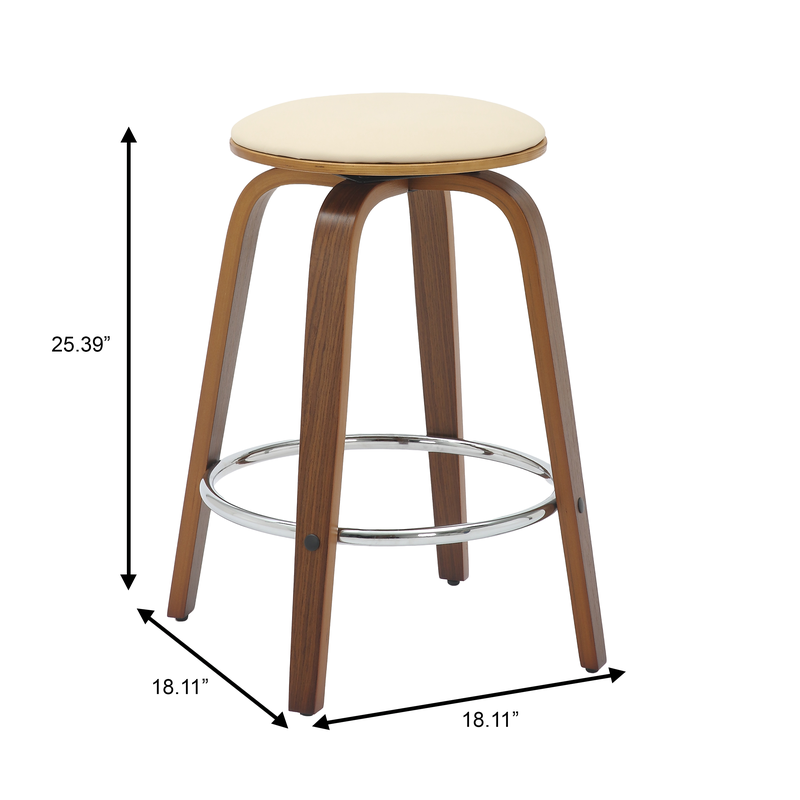 LeisureMod Wooden Counter Stool Pelya Collection Modern Style Walnut Color in Cream Dimensions.