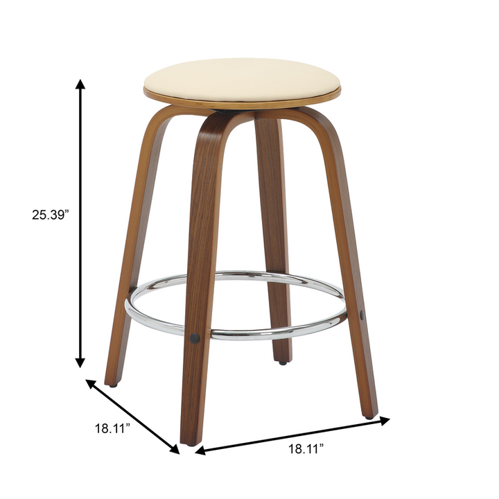 LeisureMod Wooden Counter Stool Pelya Collection Modern Style Walnut Color in Cream Dimensions.