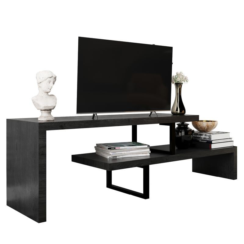 LeisureMod Orford Mid-Century Modern TV Stand with MDF Shelves and Powder Coated Iron Legs in Phantom Grey