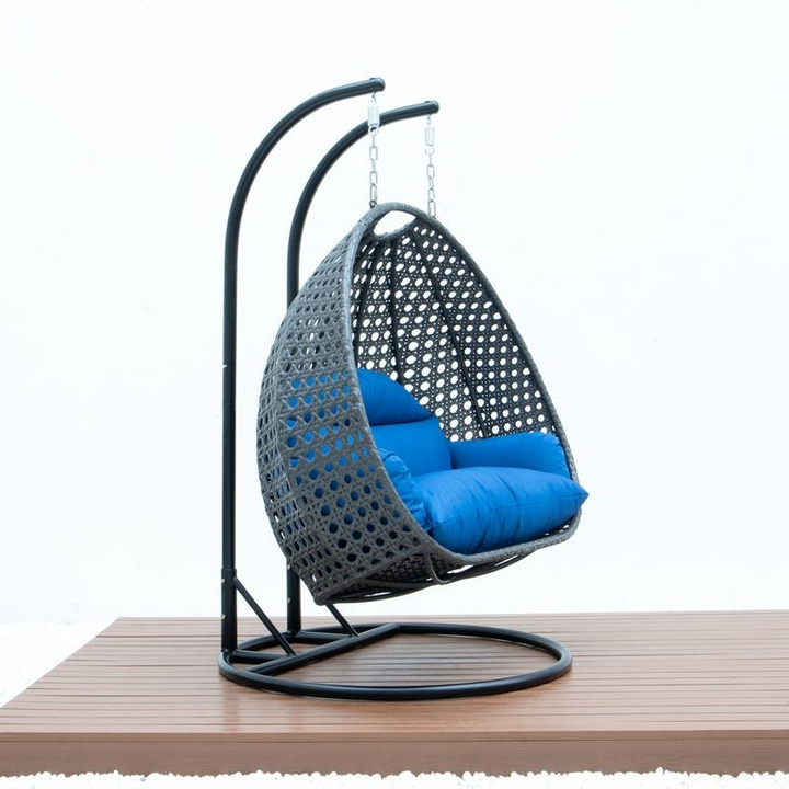 LeisureMod Charcoal Wicker Hanging 2 person Egg Swing Chair Blue Side View.