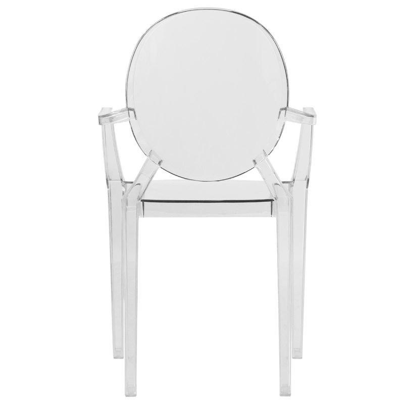 Clear acrylic chair with round back on a white background.