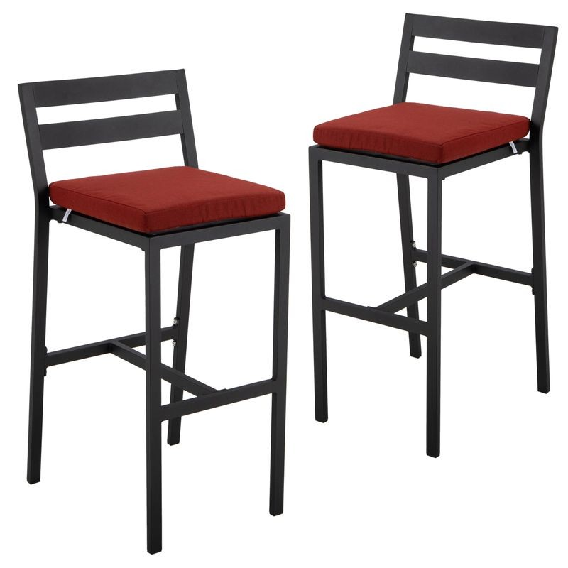 LeisureMod Chelsea Collection Modern Aluminum Outdoor Bar Chair in black with Cherry Cushions - Set of 2 Together.