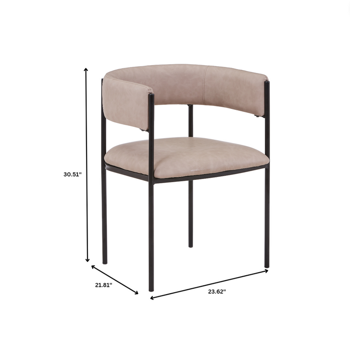 Beige chair with black metal frame and dimensions on a white background.