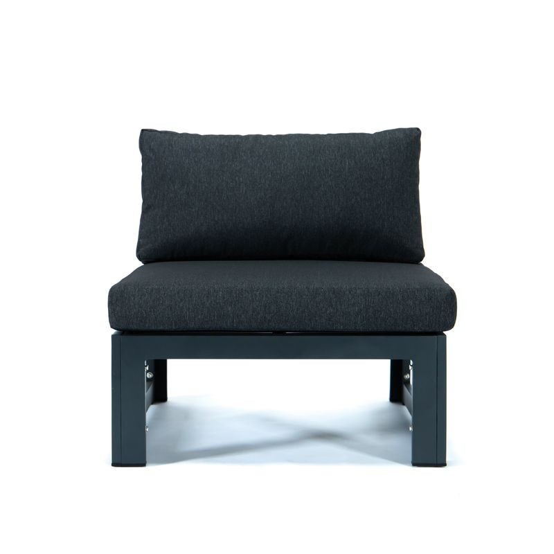 LeisureMod Chelsea 4-Piece Middle Patio Chairs Black Aluminum with Cushions Black Front Chair View.