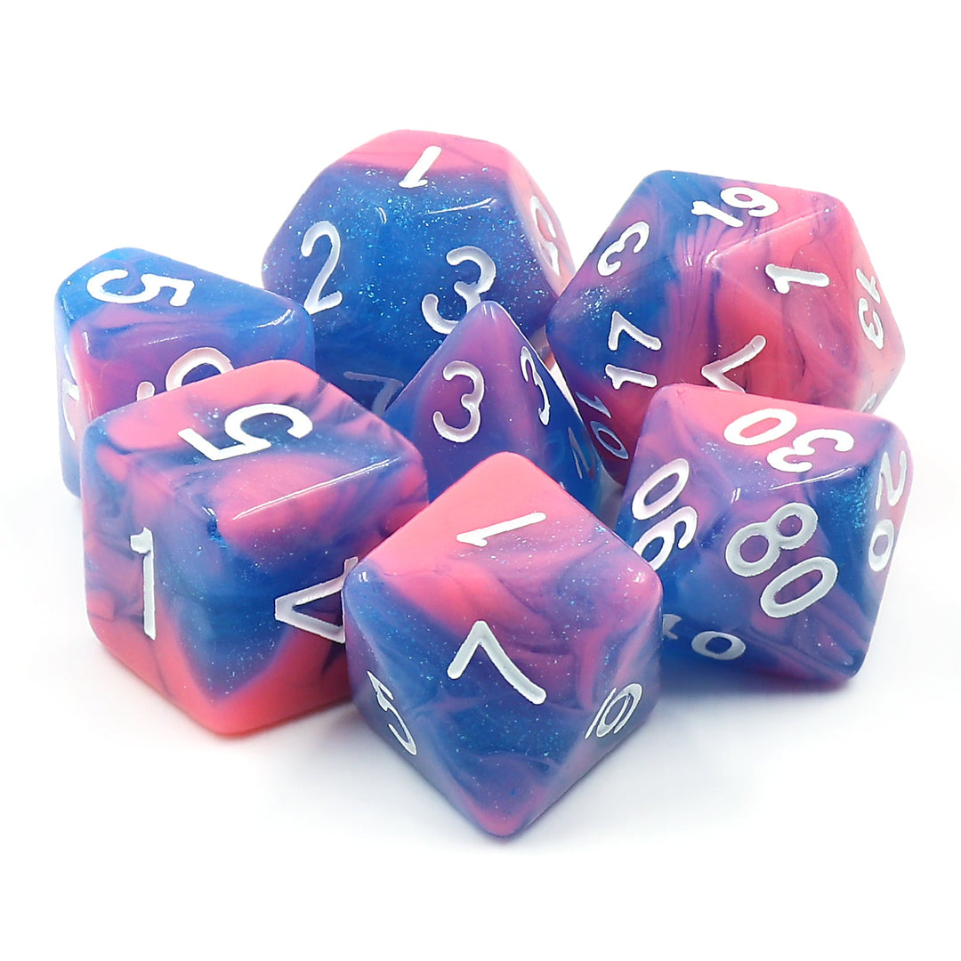 Miami Vice Blue/Pink Glitter/Swirl  7-Dice Set by HendgaDice