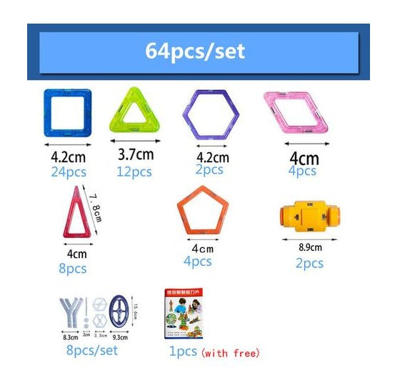 Set of geometric shape building blocks with dimensions and quantity information.