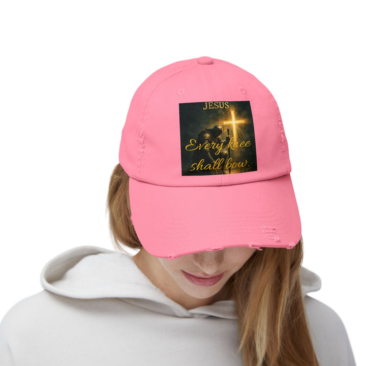 Jesus Cross Distressed Cap — "Every Knee Shall Bow" Christian Hat
