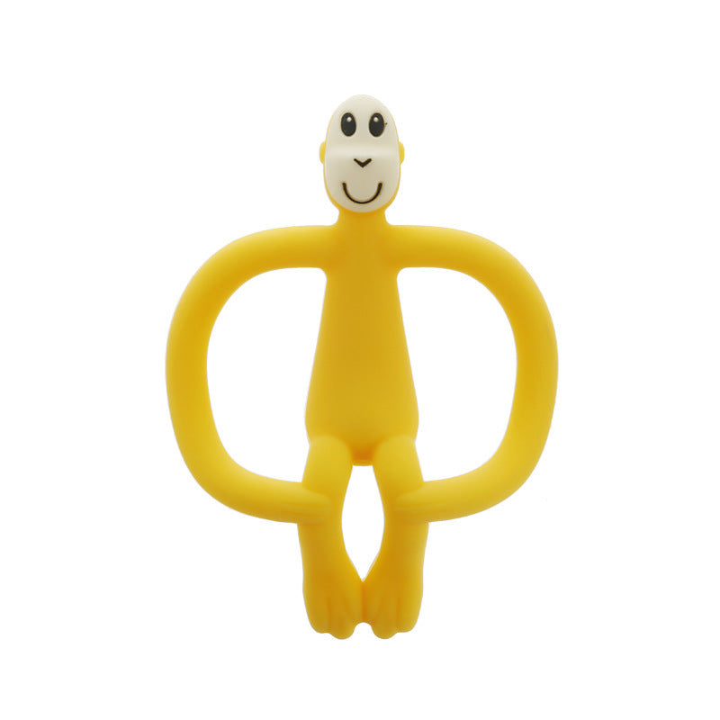 Yellow monkey-shaped teether on a white background.