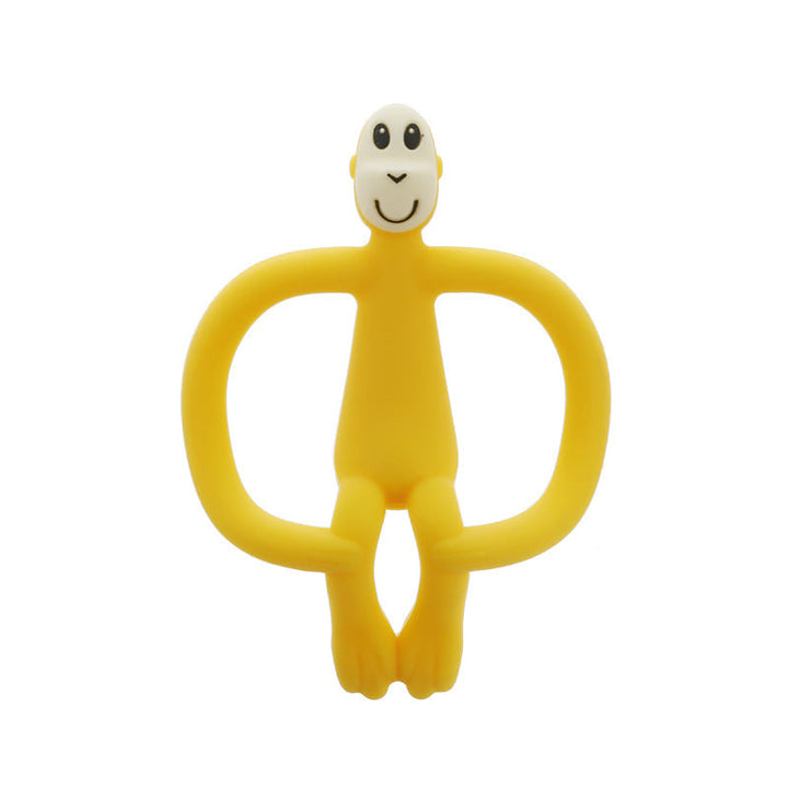 Yellow monkey-shaped teether on a white background.