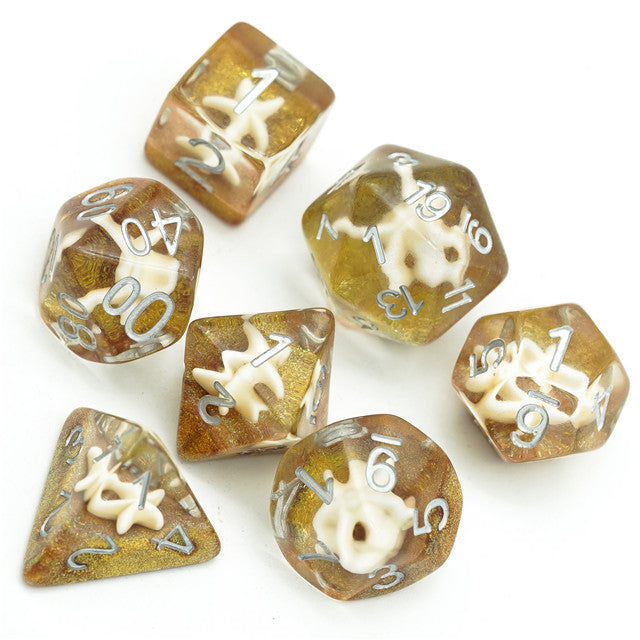 White Starfish Dice on Gold 7-Dice Set Resin Dungeons and Dragons Dice