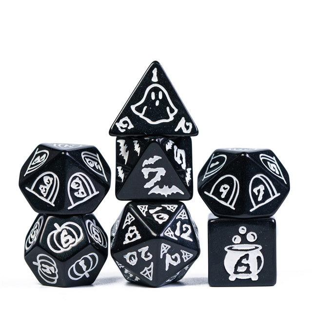 Halloween Black w/White | Pumpkin/Ghost/Bat/Cauldron 7-Dice Set DND