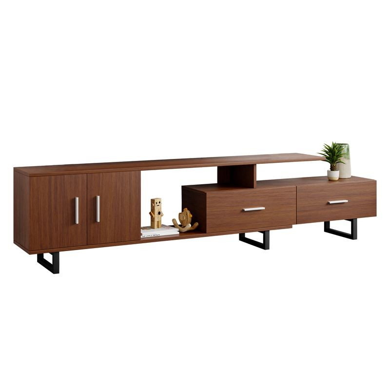 LeisureMod Avery Mid-Century Modern TV Stand with MDF Cabinet and Powder Coated Steel Legs Walnut Closer View.