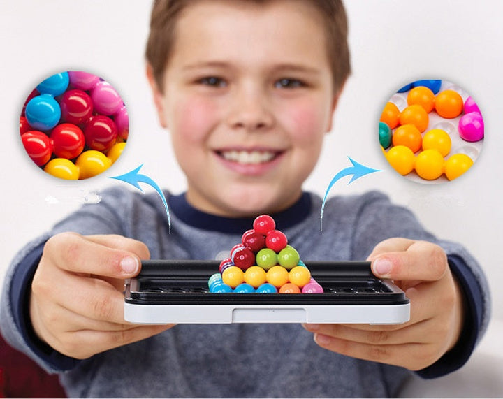 Child holding a device with colorful beads and close-up insets of beads.