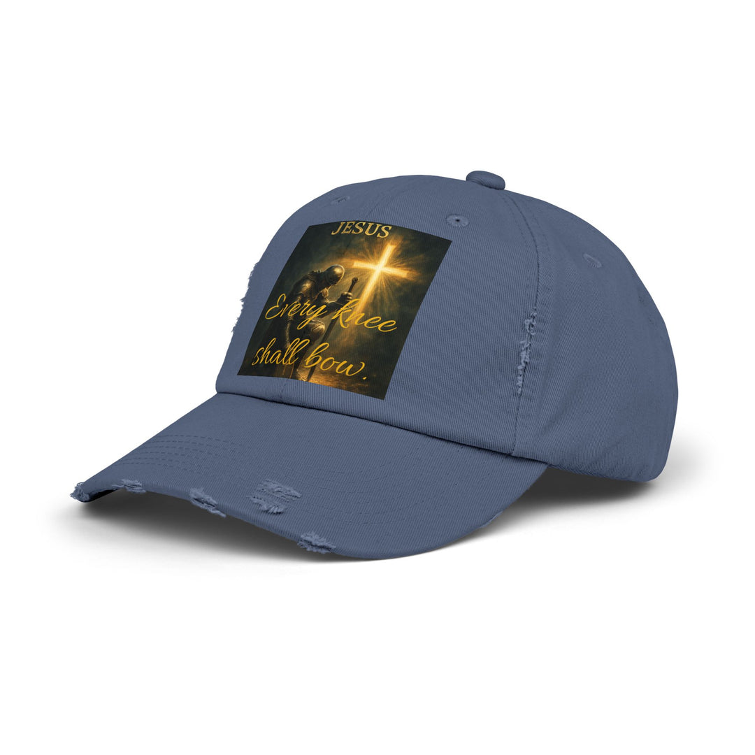 Jesus Cross Distressed Cap — "Every Knee Shall Bow" Christian Hat