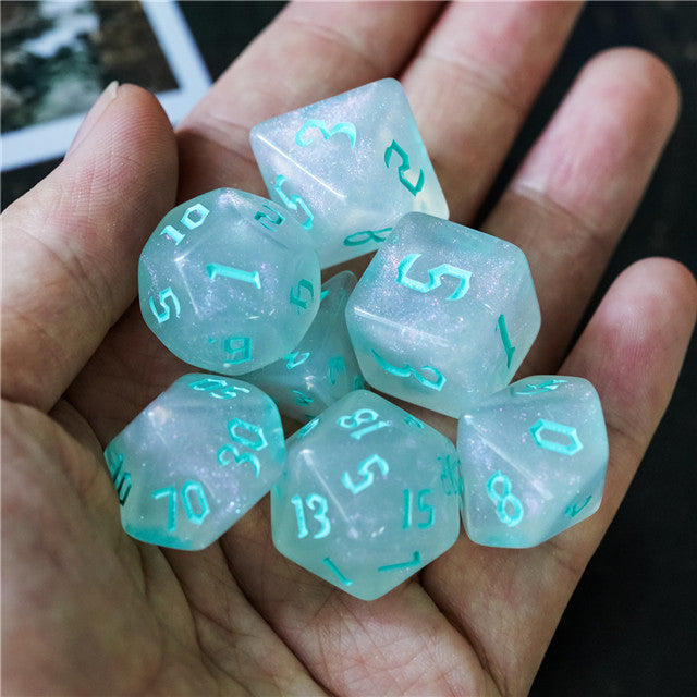 Glitter Party White Glitter Dice (Mint font) 7-Dice Set RPG DND