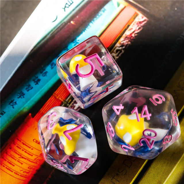 Yellow Mushroom Dice Clear Blue Flower w/Pink Numbers 7-Dice Set Rpg