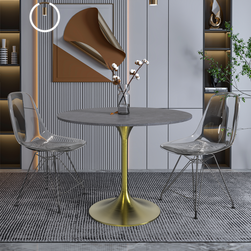 LeisureMod Verve Collection 36 Round Dining Table, Brushed Gold Base with Sintered Stone Grey Top with Chairs.