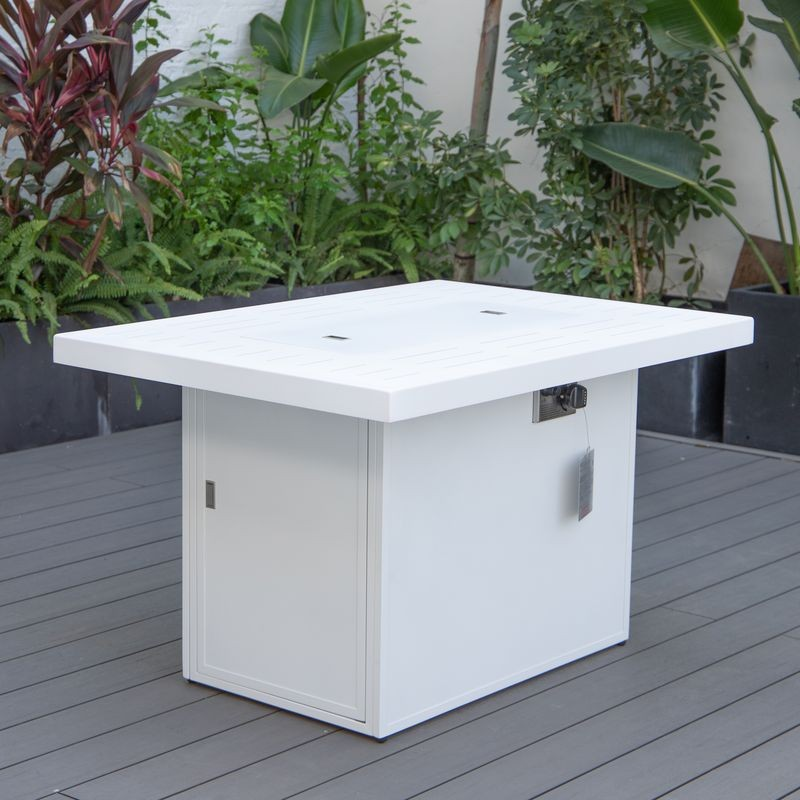 LeisureMod Chelsea Patio Modern Aluminum Propane Fire Pit Table White Photo Image.