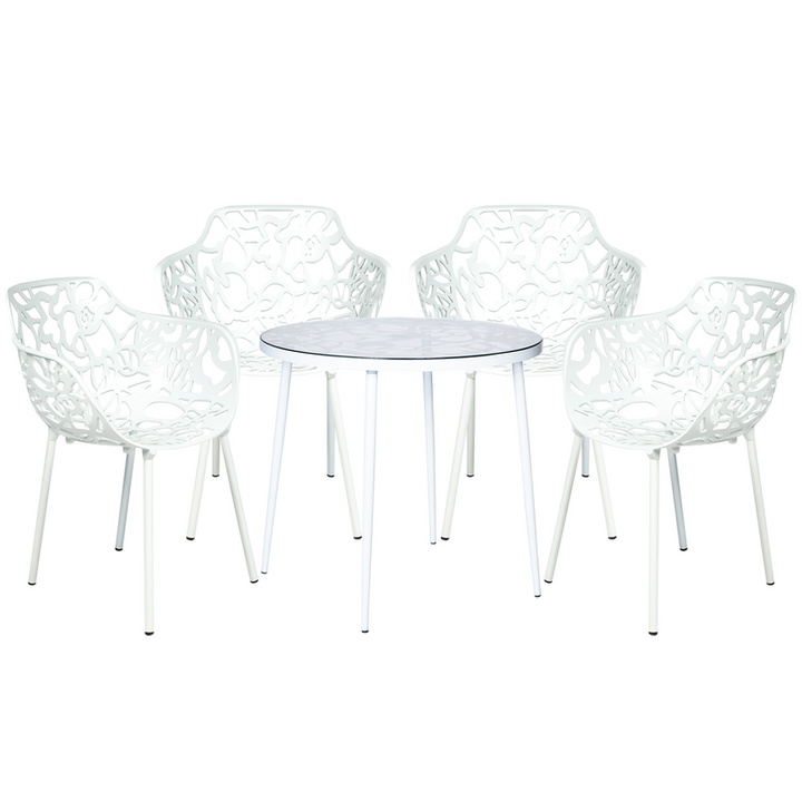 LeisureMod Devon Mid-Century Modern 5-Piece Aluminum Outdoor Patio Dining Set with Tempered Glass Top Table and 4 Stackable Flower Design Armchairs White