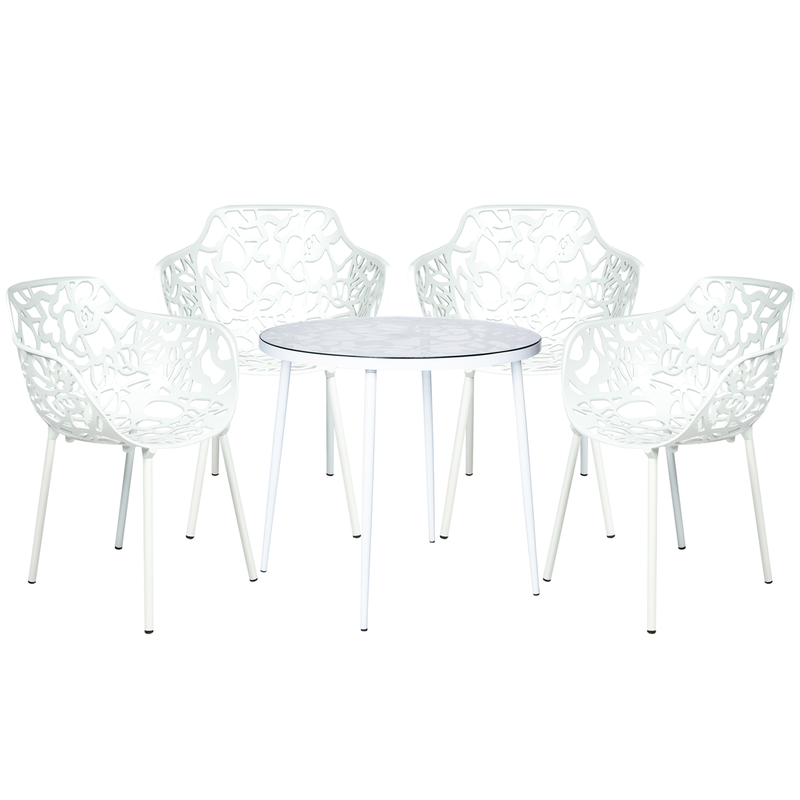 LeisureMod Devon Mid-Century Modern 5-Piece Aluminum Outdoor Patio Dining Set with Tempered Glass Top Table and 4 Stackable Flower Design Armchairs White