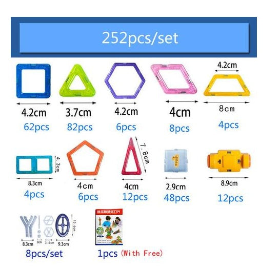 Set of geometric shape building blocks with measurements and quantities on a white background.