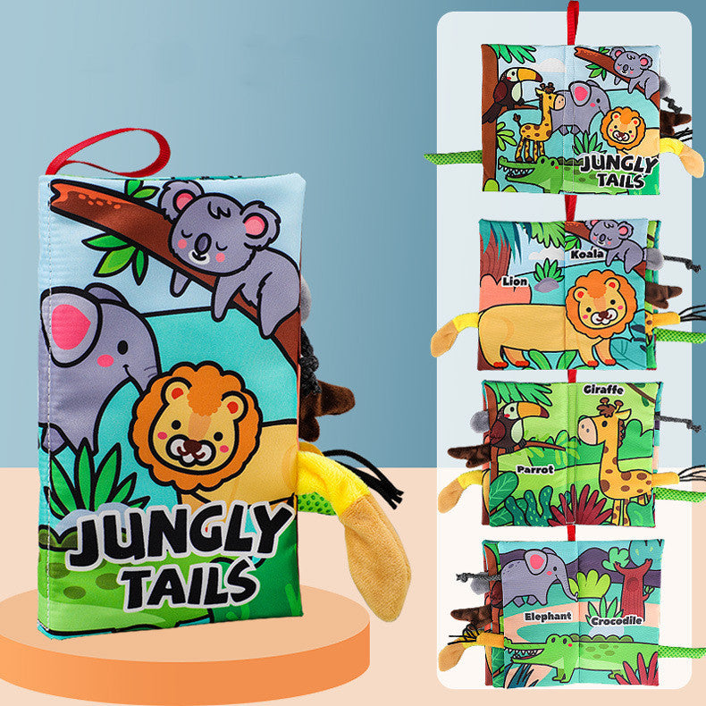 Children's book titled Jungle Tails with animal illustrations on a blue background.