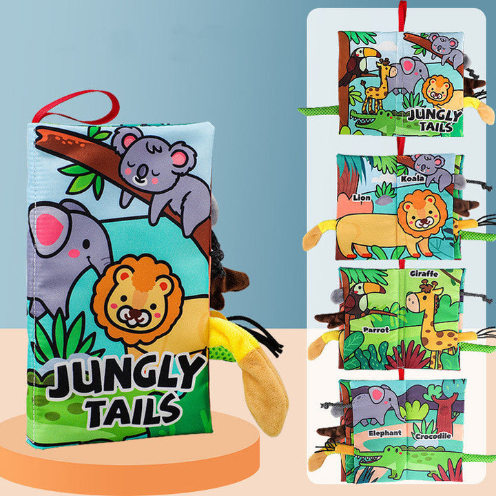 Children's book titled Jungle Tails with animal illustrations on a blue background.