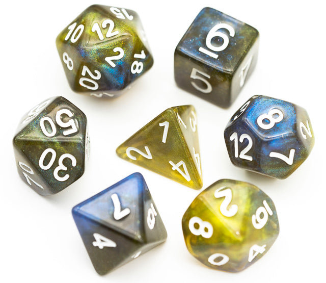 Yellow & Blue w/white Galaxy Glitter 7-Dice Set RPG