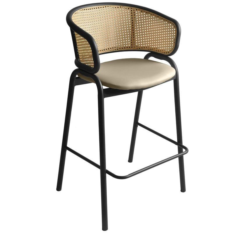 LeisureMod Ervilla Wicker Bar Stool with Fabric Seat and Black Steel Frame in Taupe