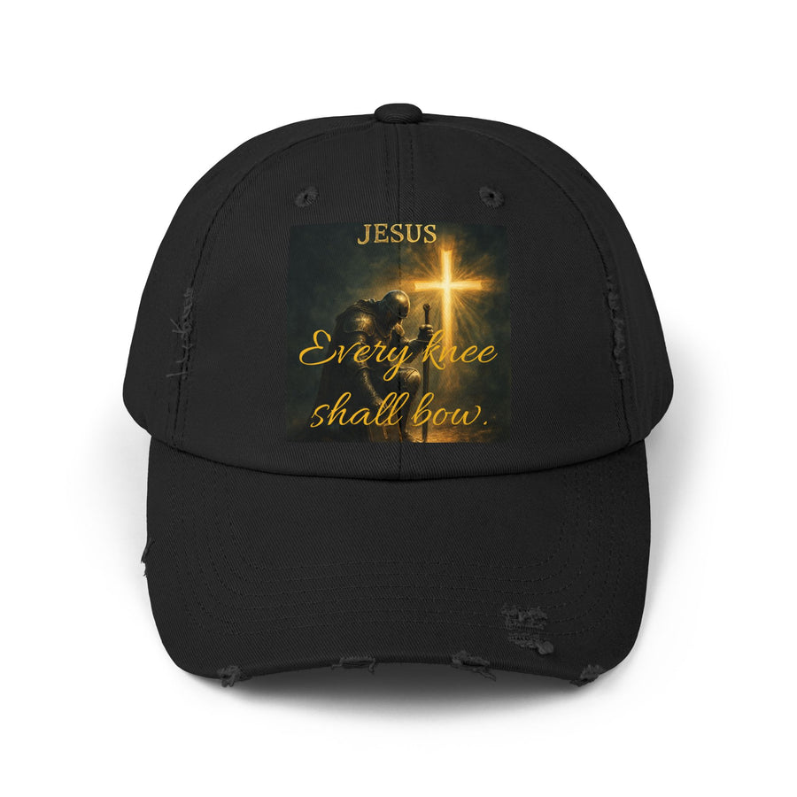 Jesus Cross Distressed Cap — "Every Knee Shall Bow" Christian Hat