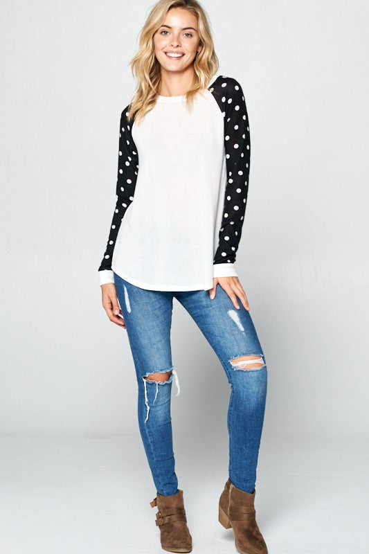 Polka Dot Solid Mixed Long Sleeve Round Neck Top