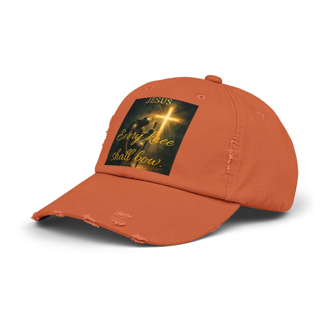 Jesus Cross Distressed Cap — "Every Knee Shall Bow" Christian Hat