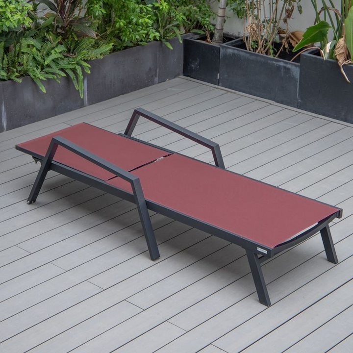LeisureMod Marlin Patio Chaise Lounge Chair with Armrests in Black Aluminum Frame Burgundy Flat View.