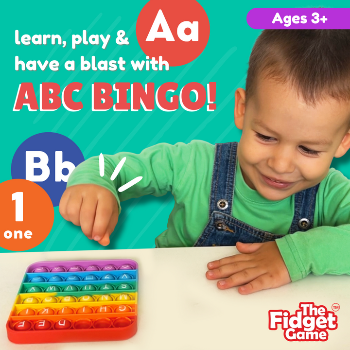 Child playing with an ABC Bingo fidget toy, with text promoting the game and target age group.