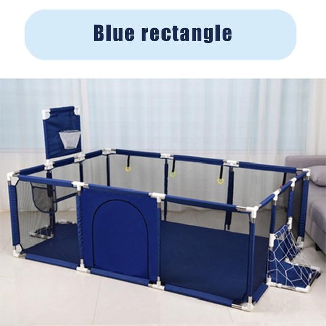 Blue pet playpen with mesh sides and solid blue panels on a light gray floor.