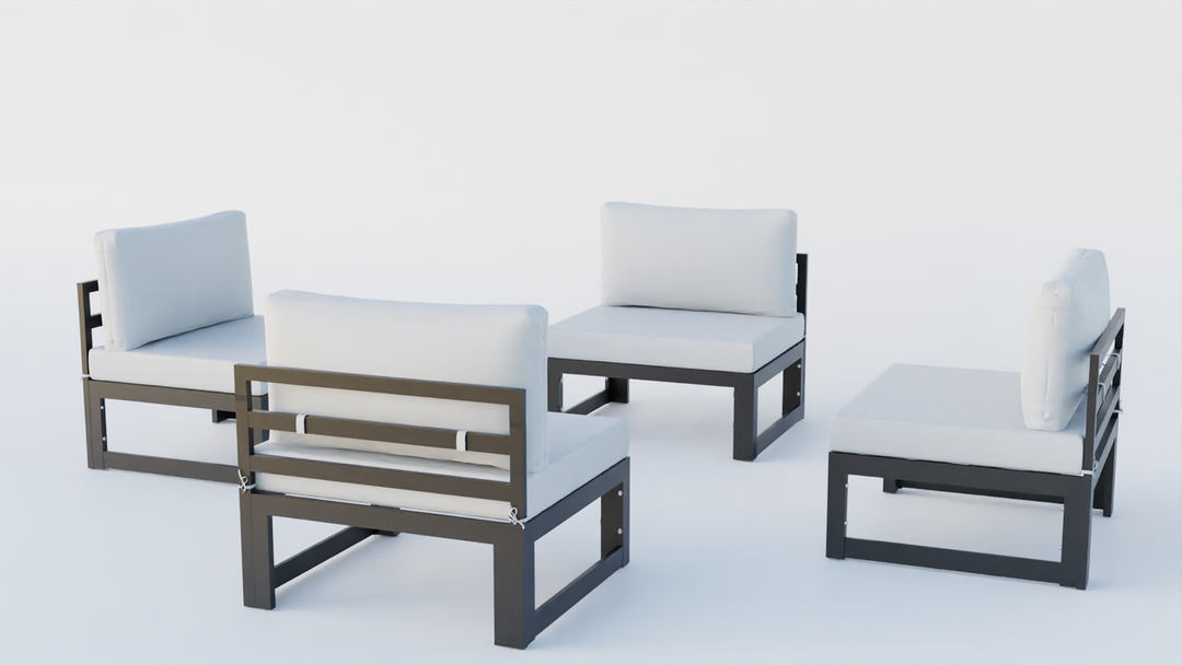 LeisureMod Chelsea 4-Piece Middle Patio Chairs Black Aluminum with Cushions Light Grey Image.