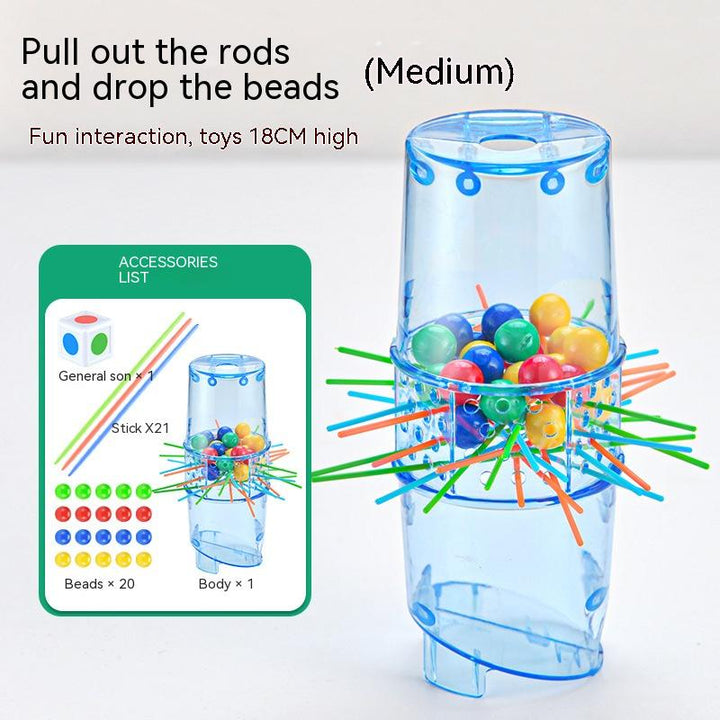 Toy with colorful beads and sticks on a white background.