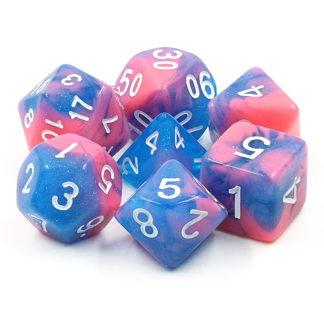 Miami Vice Blue/Pink Glitter/Swirl  7-Dice Set by HendgaDice