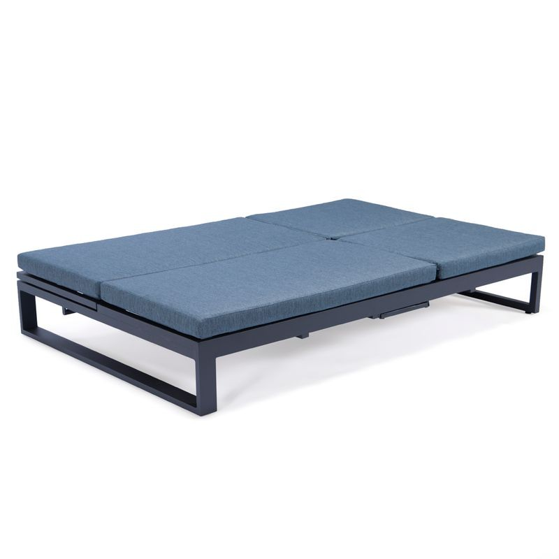 LeisureMod Chelsea Convertible Lounge Reclining Double Chaise with Cushions Blue Flat.