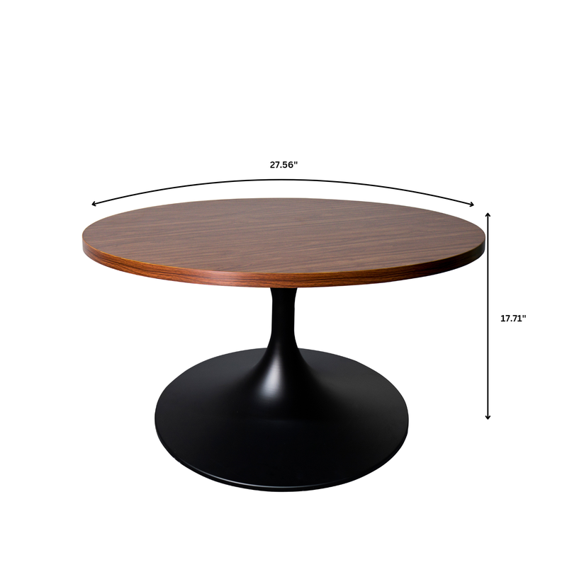 LeisureMod Verve Coffee Table Black base with 27" Round Brown Wood MDF Top Dimensions.