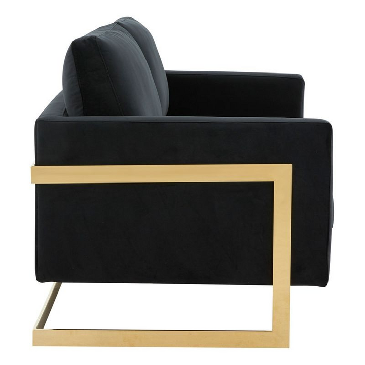 LeisureMod Lincoln Modern Mid-Century Upholstered Velvet Loveseat with Gold Frame Midnight Black Side View.