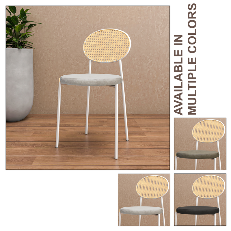 Chair with wicker backrest and gray seat on a wooden floor, with additional color options shown.