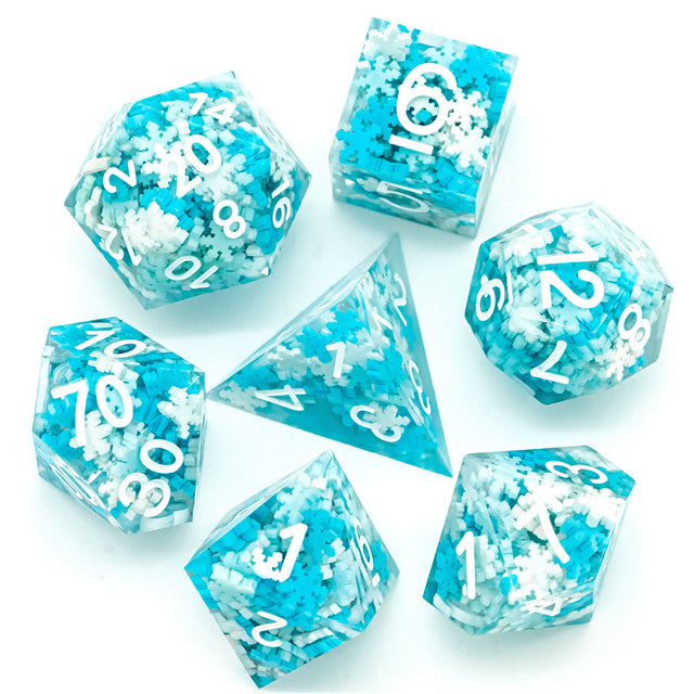 Snowflake Sharp Edge DND Dice Set | White & Blue w/White Numbers