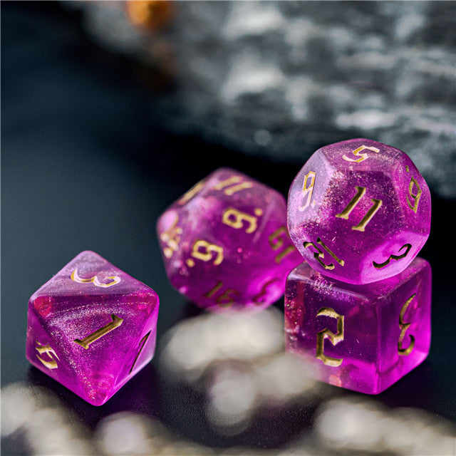 Violet Glitter Party Glitter Dice (Gold font) 7-Dice Set RPG DND