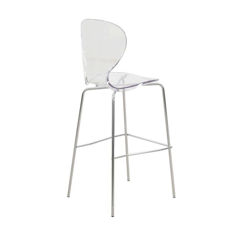 LeisureMod Oyster Acrylic Barstool with Steel Frame in Chrome Finish in Clear Back View.